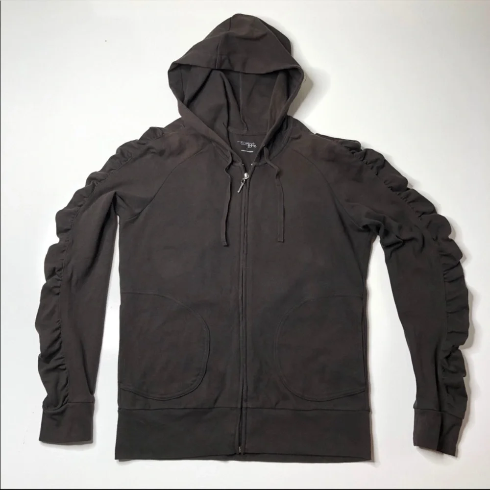NEW York & Company Chocolate Brown Ruched Sleeve Pocket Zipup Hoodie SIZE S - Picture 1 of 12